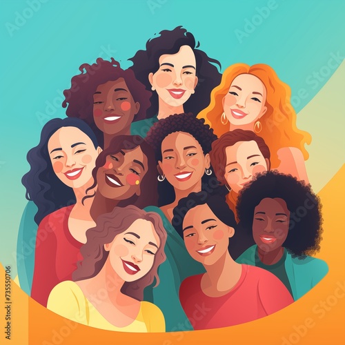 Simple illustration of international women's day, diverse group of women from different backgrounds and cultures