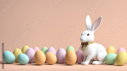 Charming 3D Bunny Rabbit and Vibrant Eggs Against a Soft Pastel Backdrop. Ideal for Banner, Social Media, and Poster. Capturing Easter Joy.