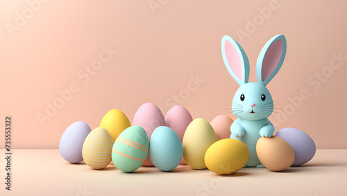Enchanting 3D Bunny Rabbit Amidst a Kaleidoscope of Eggs on a Light Pastel Setting. Ready for Banner, Social Media, Poster. Conveying Easter Bliss.