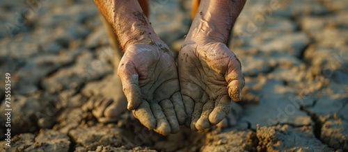 Close-up of a person's hands covered in thick mud during outdoor activities in nature