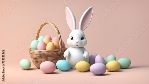 Playful 3D Bunny Rabbit with a Collection of Rainbow Eggs on a Tender Pastel Background. Ready for Banner, Social Media, Poster. Portraying Easter Festivity.