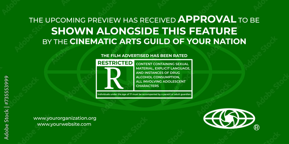 Fototapeta premium A fake film leader for a movie preview saying that the following content has been approved for restricted audiences only. White text and green background