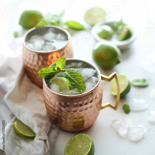 cocktail with lime and mint - Moscow Mule in a copper mug with lime wedge and mint, ice-filled, white background.