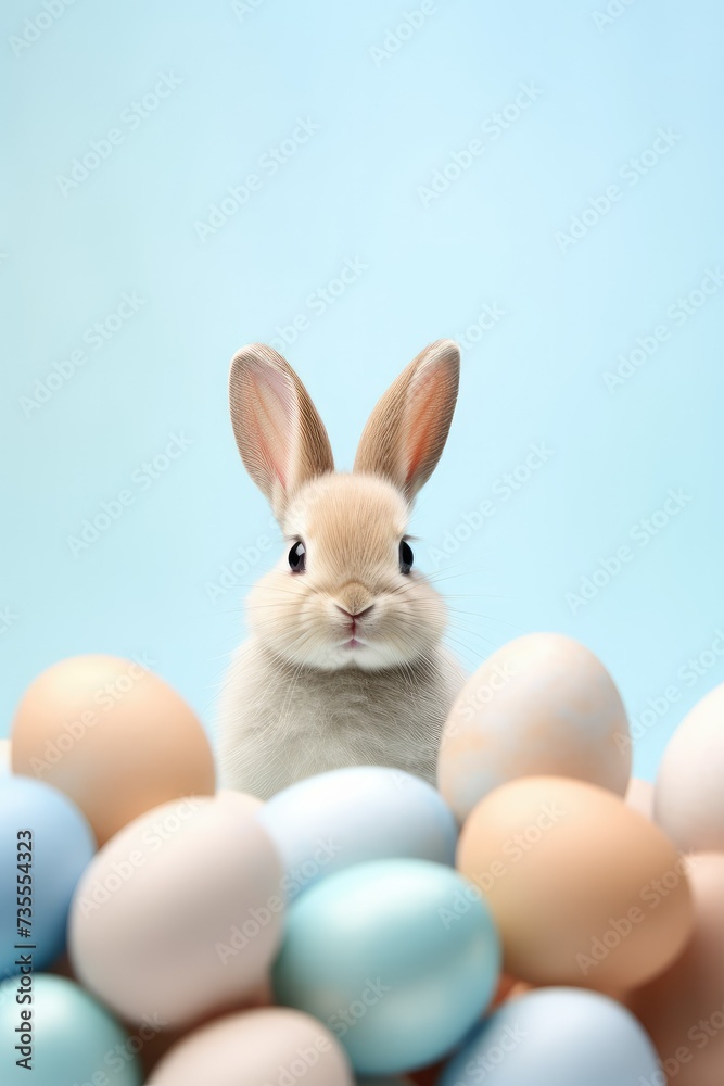 Cute little rabbit and Easter eggs on pastel blue background. Easter holiday concept. Funny pet for design greeting card, banner, flyer, invitation with copy space Cute little rabbit and Easter eggs on pastel blue background. Easter holiday concept. Funny pet for design greeting card, banner, flyer, invitation with copy space