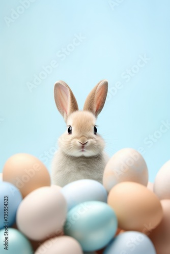 Cute little rabbit and Easter eggs on pastel blue background. Easter holiday concept. Funny pet for design greeting card, banner, flyer, invitation with copy space