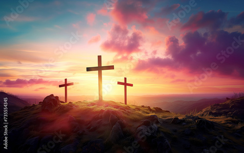 Three Crosses on Calvary Hill Dramatic Sunset at Golgotha © Dmitry Rukhlenko