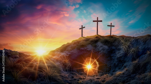 Three Crosses on Calvary Hill Dramatic Sunset at Golgotha