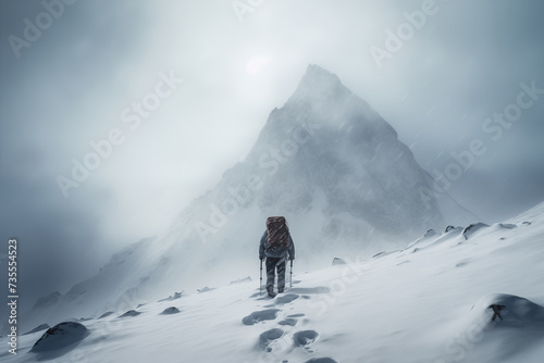 Lone Mountaineer Alpinist Approaching Snowy Peak © Dmitry Rukhlenko