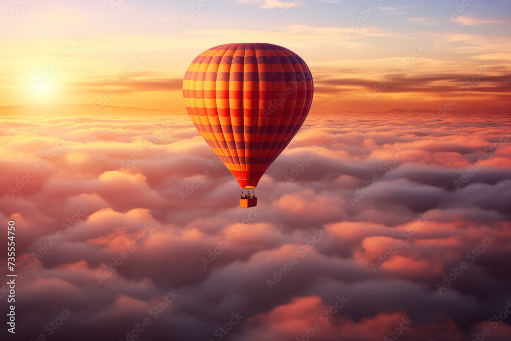 Colorful hot air balloon floats over a sea of clouds at sunset Colorful hot air balloon floats over a sea of clouds at sunset