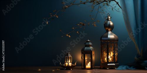 Eid Mubarak and Ramadan Kareem greetings with Islamic lantern and mosque. Eid al fitr background. Eid al fitr background of window concept.