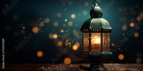 Eid Mubarak and Ramadan Kareem Islam holy month. Arabic lantern and burning candle at night. Muslims fitter under soft light of lantern lamp. Arabian background for celebration of Eid. photo