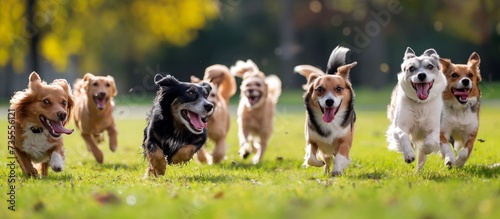 A Pack of Energetic Dogs Enjoying a Playful Run in a Vast Green Field © AkuAku