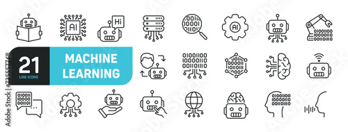 Set of line icons related to machine learning, artificial intelligence, ai, technology. Outline icons collection. Editable stroke. Vector illustration.