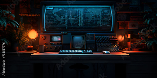 A computer desk with a computer and a globe on the top. Command center interior banner. 3d room with neon light. Sci-fi concept with screens and workspace. Future surveillance room.