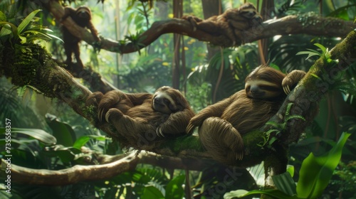 Lazy Sloths Relaxing on Tree Branches in Lush Rainforest AI Generated. photo
