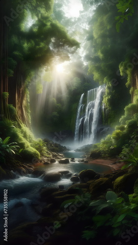 waterfall in a green forest realistic