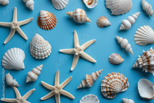 Top view sea shells and starfish on blue background, Flat lay minimal summer holiday vacation concept