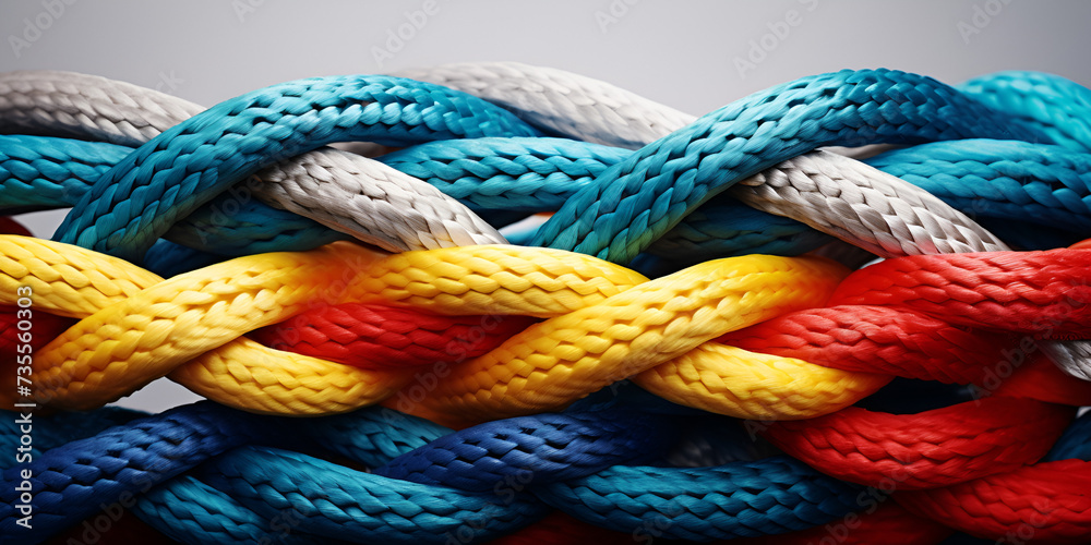 Pattern of multicolored ropes, Twisted ropes strings on white background. Unity concept. 