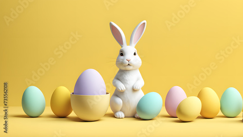 Adorable 3D Rabbit and Colorful Eggs on Yellow Background. Perfect for Banner, Social Media, Poster. Concept of Easter Day.