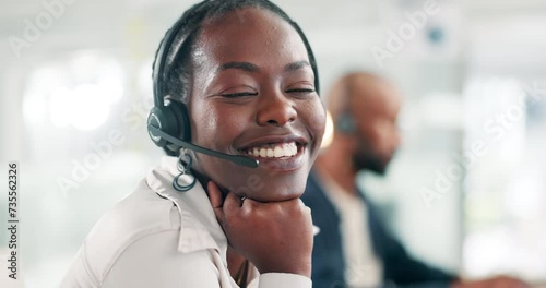 Businesswoman, headset and face for customer service, helpdesk and operator in office. Black female person, call centre representative and tech support in portrait, hotline and consultant for crm photo