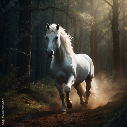 white horse running in the field white magical horse in the forest in the morning lights generative AI