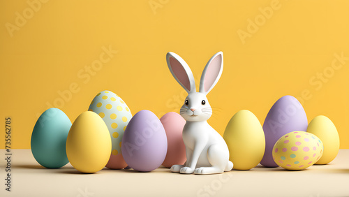 Adorable 3D Rabbit Nestled Amongst Bright Eggs on a Tender Yellow Surface. Versatile for Banner, Social Media, Poster. Symbolizing Easter Merriment.