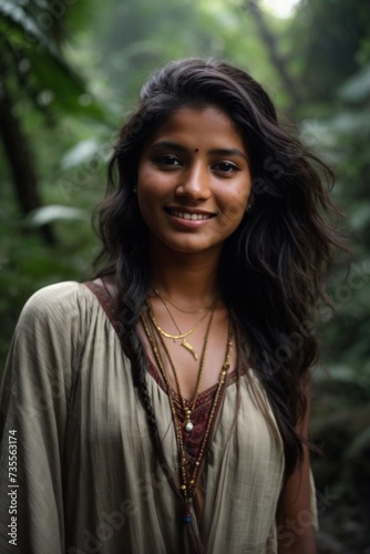 portrait of a woman, indian girl smiling in a forest, srilankan beautiful girl with black hair traditional jewelery generative AI