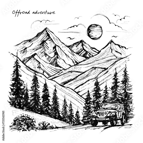 Off road vehicle in the mountains, vintage ink drawing illustration