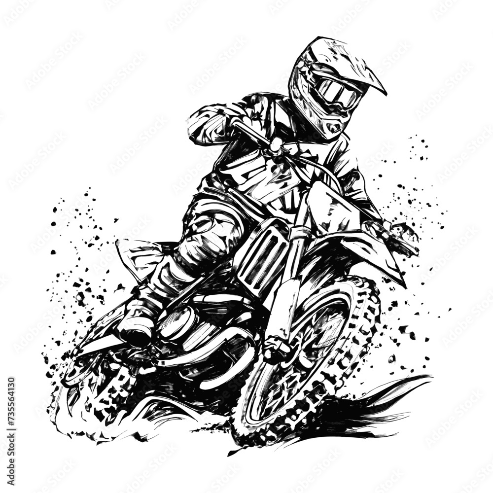 Motocross rider ink drawing. Hand drawn vector illustration