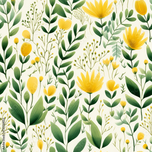 Seamless pattern yellow flowers and green plant stems and leaves charming hand drawn simple clean minimalist design style for backgrounds wallpaper repeating pattern