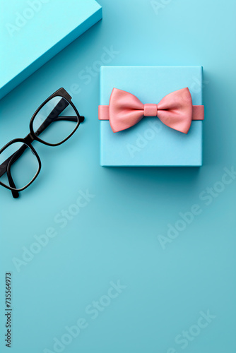 gift blue box with pink bow and eyeglasses on a blue background, minimalist style. Square format 