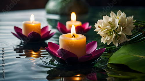 candles and rose petals,Rose petals and burning candles on a blue background. Selective focus.