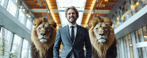 Pumped up businessman with roaring lions
