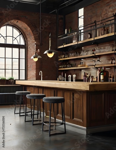 Spacious Bar interior vintage loft. Interior ireland. Generative AI photo