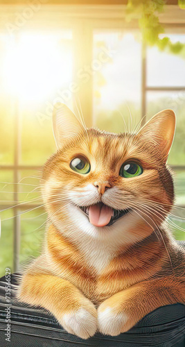 happy orange cat with sun in the window in the background