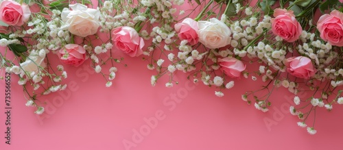 Beautiful Pink Roses and White Flowers Arrangement on Lovely Pink Background for Romantic and Spring Concepts