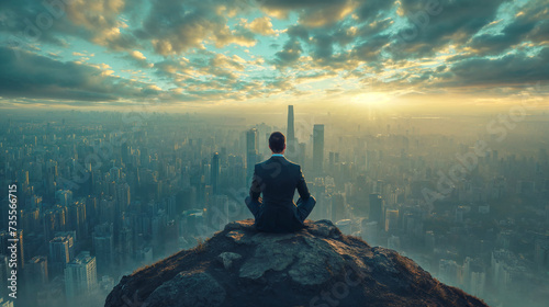 rear view of a businessman sitting in yoga pose on the peak of a mountain, overlooking the big city photo