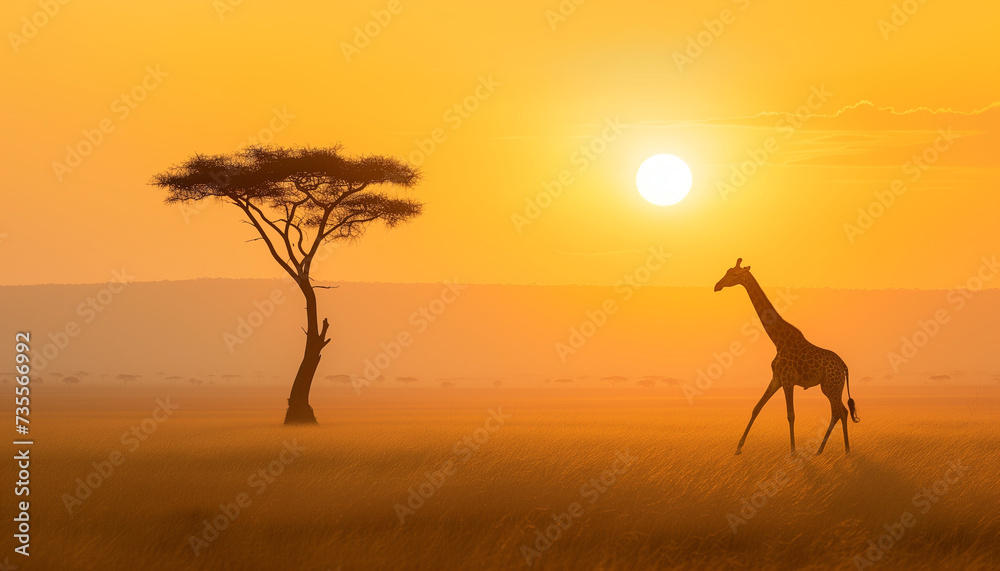 A giraffe walks gracefully across the African savannah, silhouetted by the golden glow of a setting sun behind an acacia tree