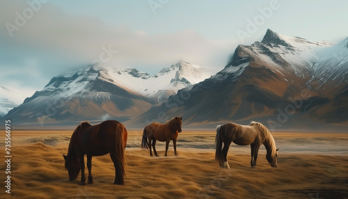 Three horses graze peacefully in a golden grassland at the foot of majestic snow-capped mountains  in the warm light of a setting sun