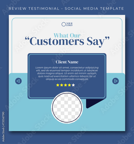 customer review testimonial feedback blue social media post template design, event promotion vector banner