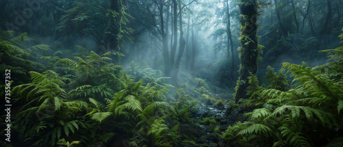 mystical damp forest with lichens  moss  ferns and thick fog  nature backgrounds