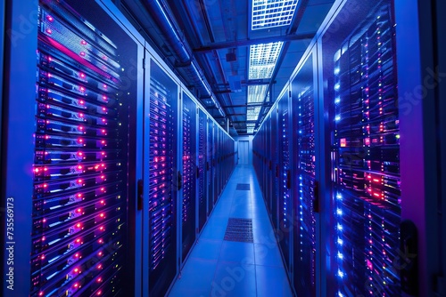 Interconnected Realms: Data Centers with Rows of Servers Paving the Way for Cloud Computing.