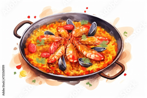 Seafood Paella: A Delicious Spanish Dinner with Shrimp, Prawns, and Rice, Cooked in a Traditional Mediterranean Cuisine Pan. Colorful and gourmet, this mouthwatering dish features a variety of fresh