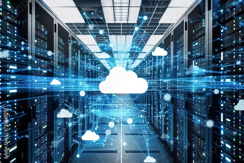 Navigating Cloud Realms: Interconnected Data Centers with Rows of Servers at the Core of Computing Evolution.