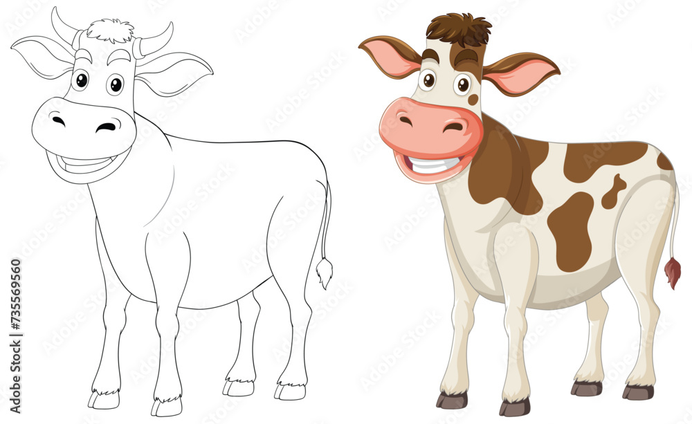 Illustration of a cow, black and white to color Illustration of a cow, black and white to color