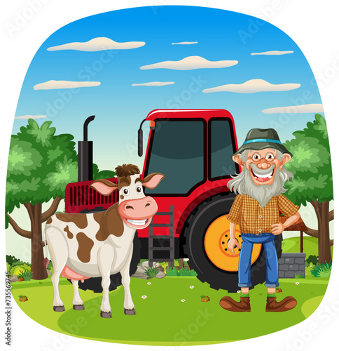 Cartoon farmer standing next to cow and tractor.