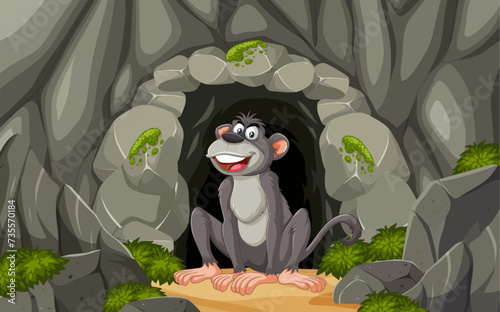 A cheerful monkey sitting inside a rocky cave