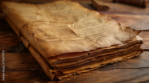 Texture of aged parchment depicting the evolution of an antique mcript through its faded text and ancient imperfections. photo