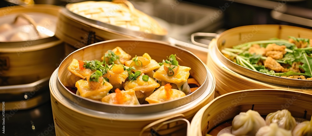 Dimsum food is served using baskets made of bamboo Dimsum food is served using baskets made of bamboo