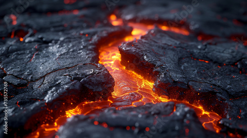 Closeup of molten lava oozing between cracks creating a fiery and jagged texture.